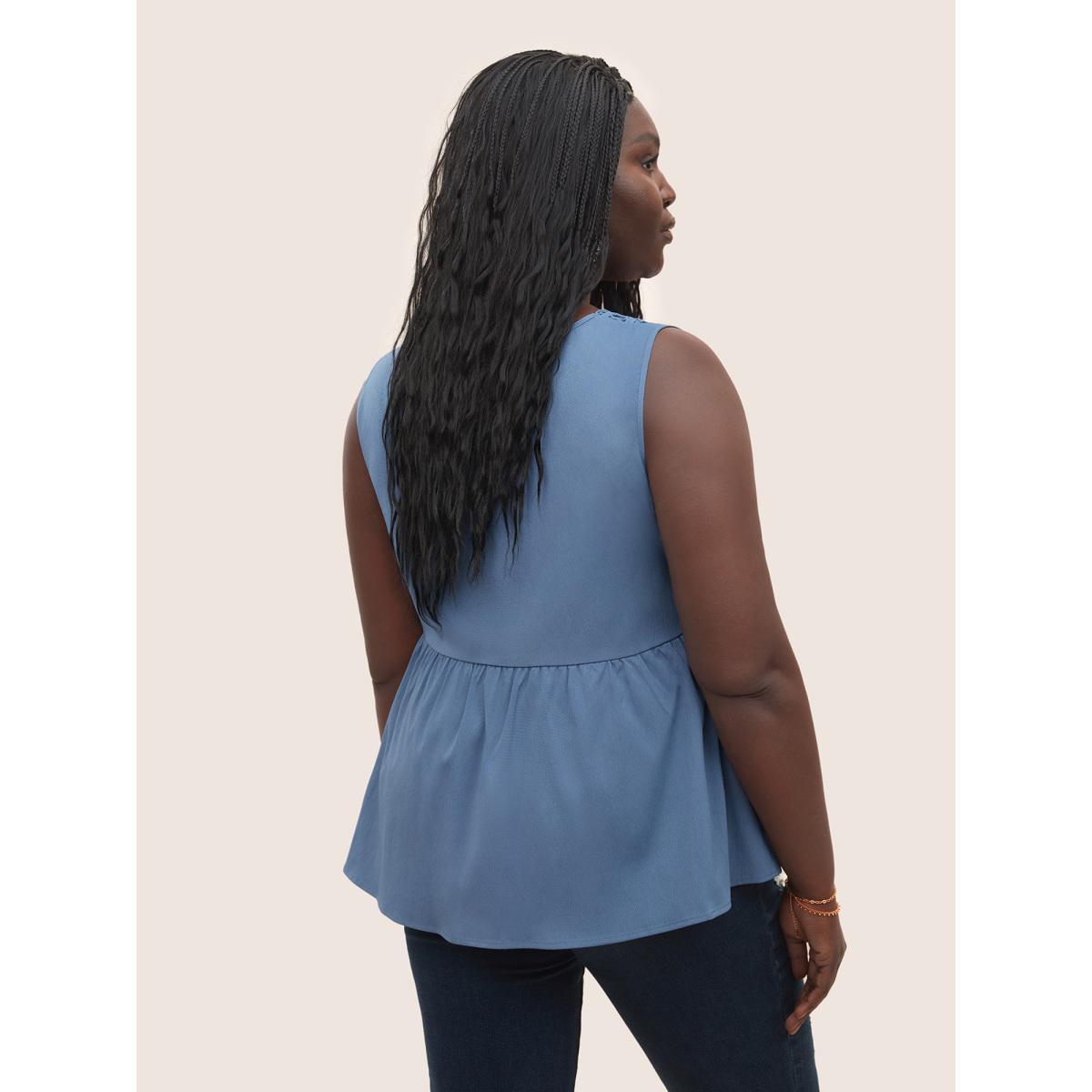 Plus Size Solid Lace Patchwork Gathered Tank Top Women Stone Elegant Button V-neck Everyday Tank Tops Camis BloomChic 14-16/1X Product Image