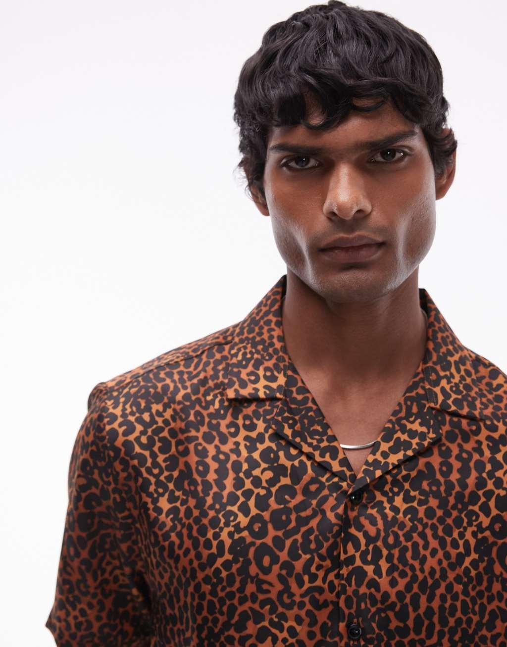 Topman short sleeve leopard print shirt in brown Product Image