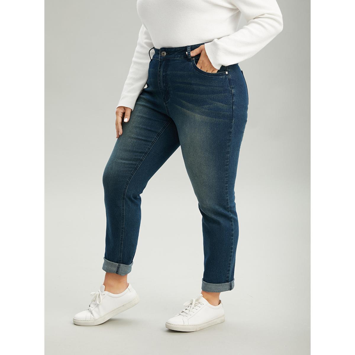 Plus Size Very Stretchy Straight Leg Roll Hem Jeans Women Aegean Casual Plain Plain High stretch Pocket Jeans BloomChic 22/3X Product Image