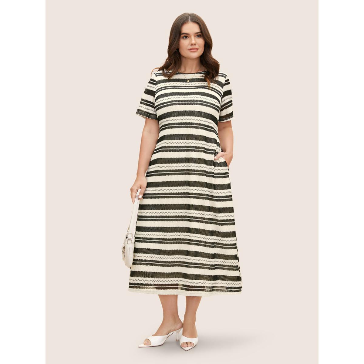 Plus Size Striped Texture Crew Neck Midi Knit Dress Ivory Women Work From Home Texture Round Neck Short sleeve Curvy BloomChic 10/M Product Image