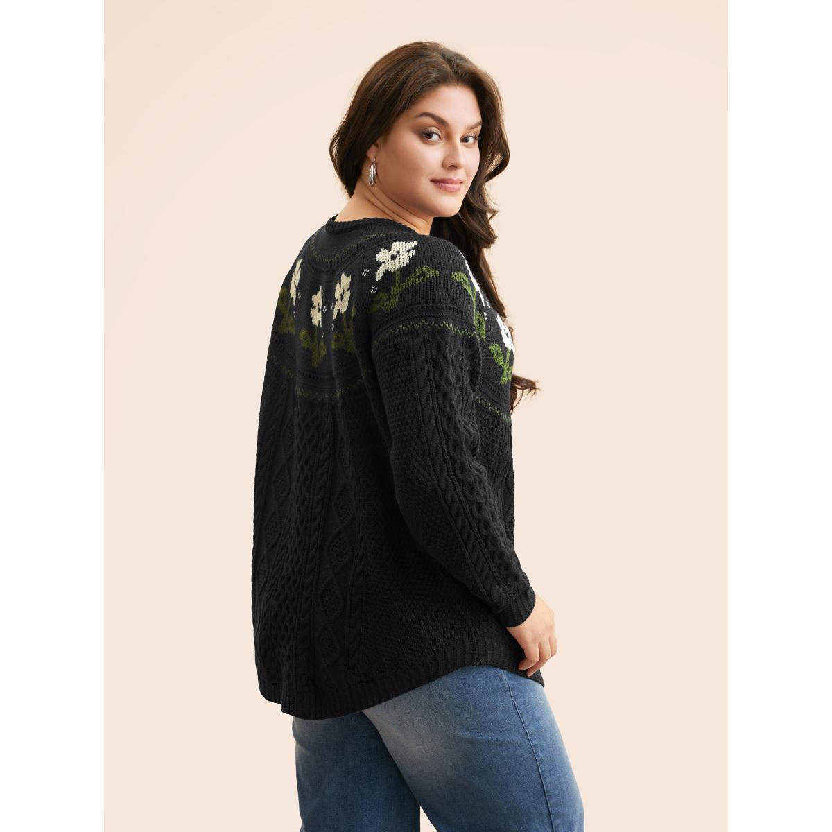 Plus Size Floral Jacquard Raglan Sleeve Pullover Black Women Casual Long Sleeve Round Neck Everyday Pullovers BloomChic 12/L Product Image
