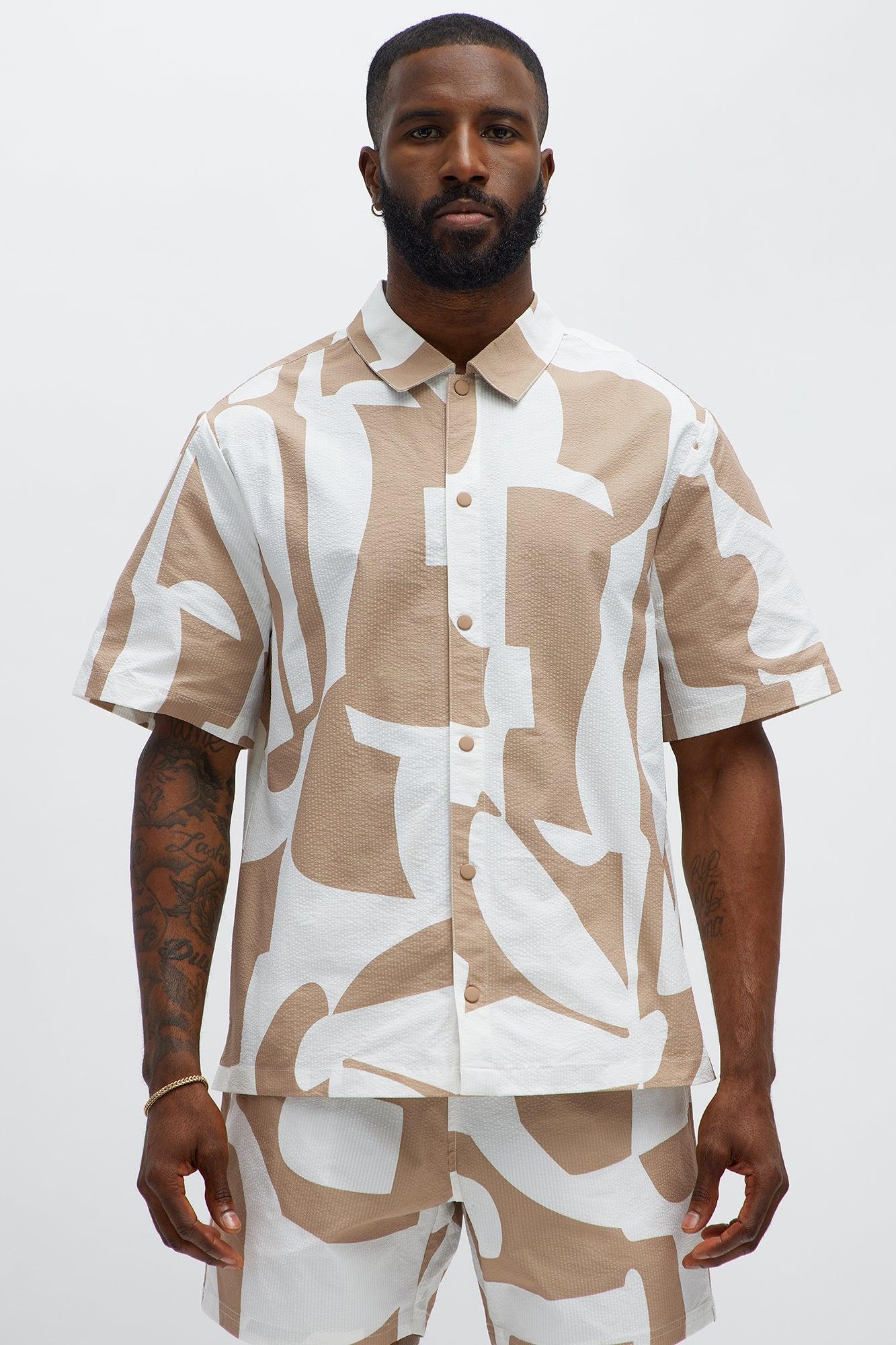 Seersucker Abstract Geo Printed Closed Collar Shirt - Tan/Multi Product Image
