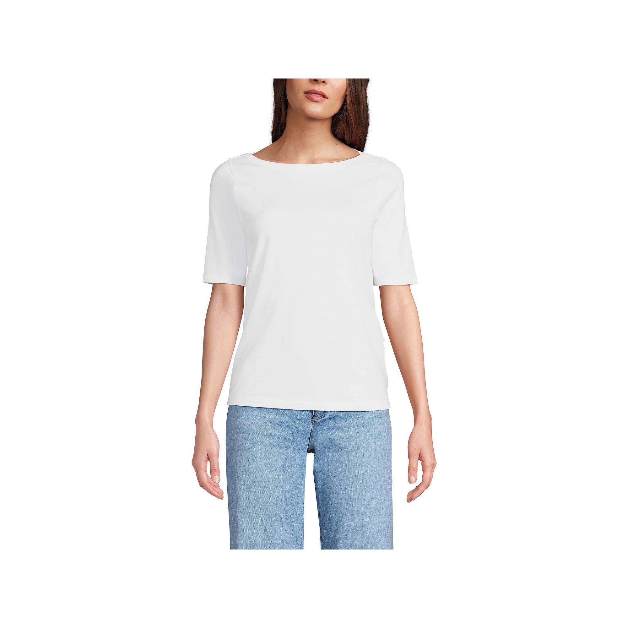 Petite Lands' End Elbow Sleeve Supima Boatneck Top, Women's, Size: Small Petite, White Product Image