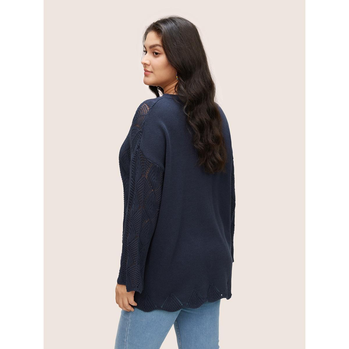 Plus Size Solid Hollow Out Tassel Knot Neck Pullover Midnight Women Casual Long Sleeve V-neck Everyday Pullovers BloomChic 12/L Product Image