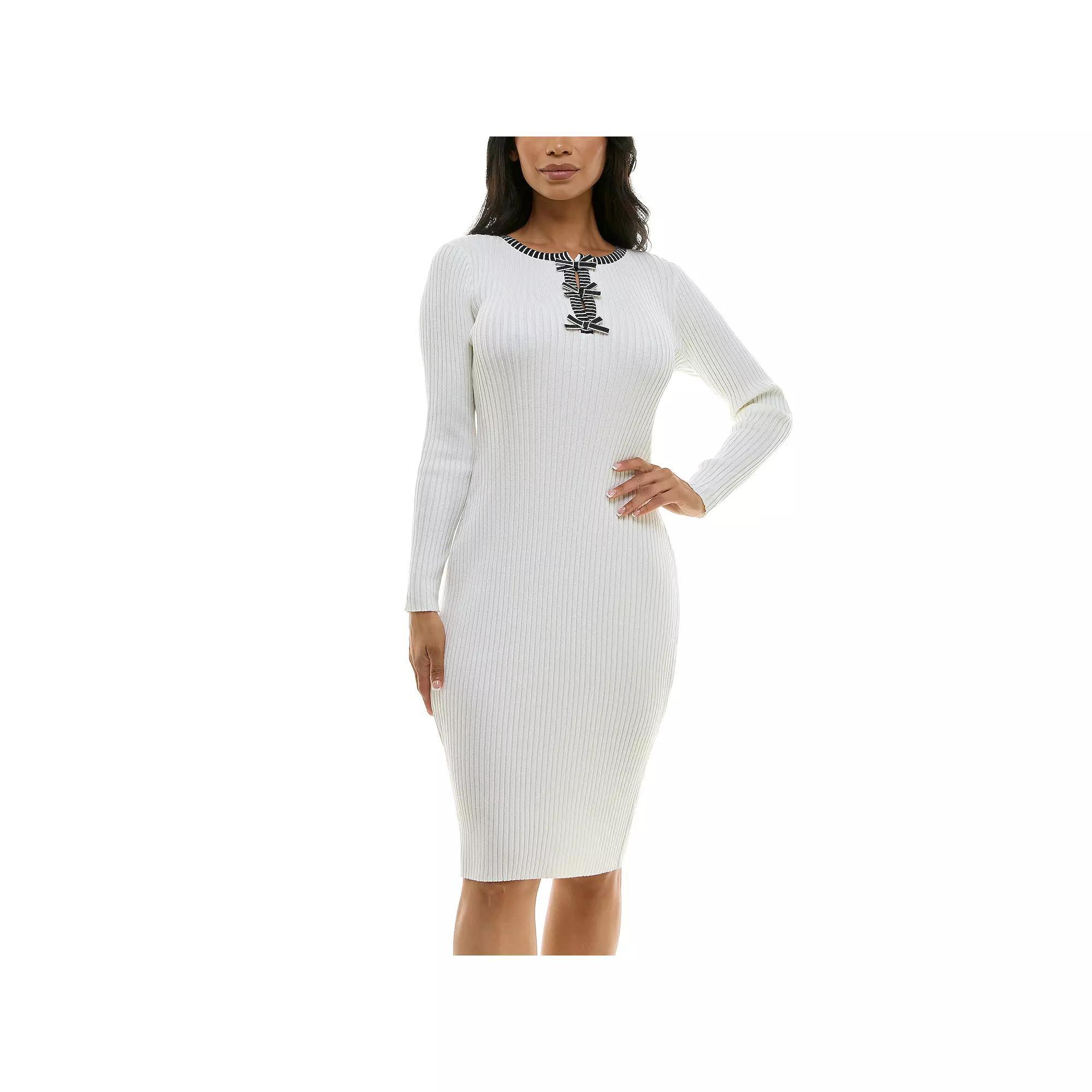 Women's Nina Leonard Ribbed Knit Dress, Size: Large, Black White Product Image