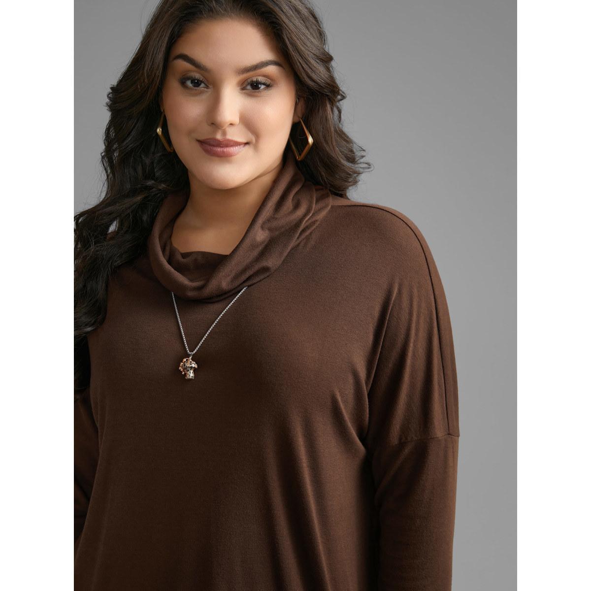 Plus Size Turtleneck Dolman Sleeve Split Hem T-shirt Browncoffeecolor Women Casual Slit Ruffled collar Loose Everyday T-shirts BloomChic 28/5X Product Image