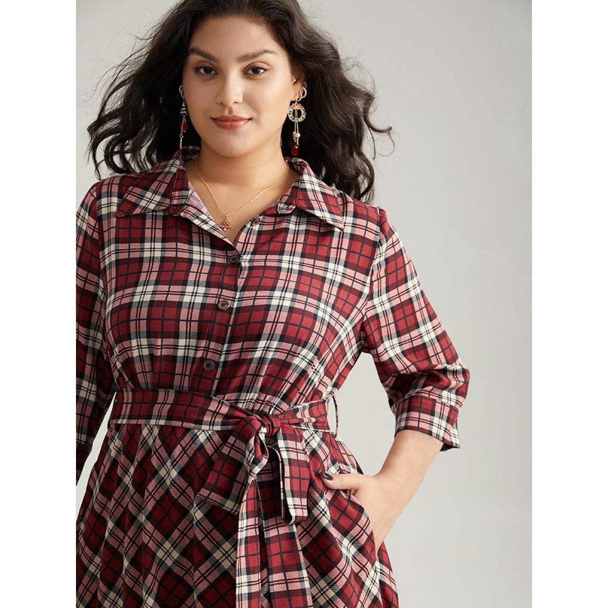 Plus Size Christmas Plaid Shirt Collar Button Up Belted Dress Burgundy Women Office Belted Shirt collar Elbow-length sleeve Curvy Midi Dress BloomChic 10/M Product Image