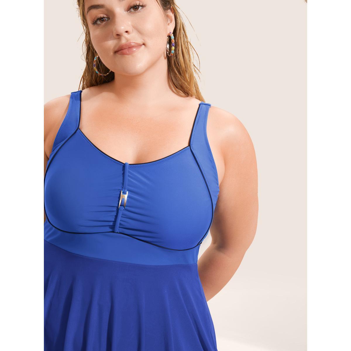 Plus Size Solid Heart Neckline Gathered Dress Women's Swimwear Blue Beach Bodycon Heart neckline High stretch Curve Swim Dresses BloomChic 12/L Product Image