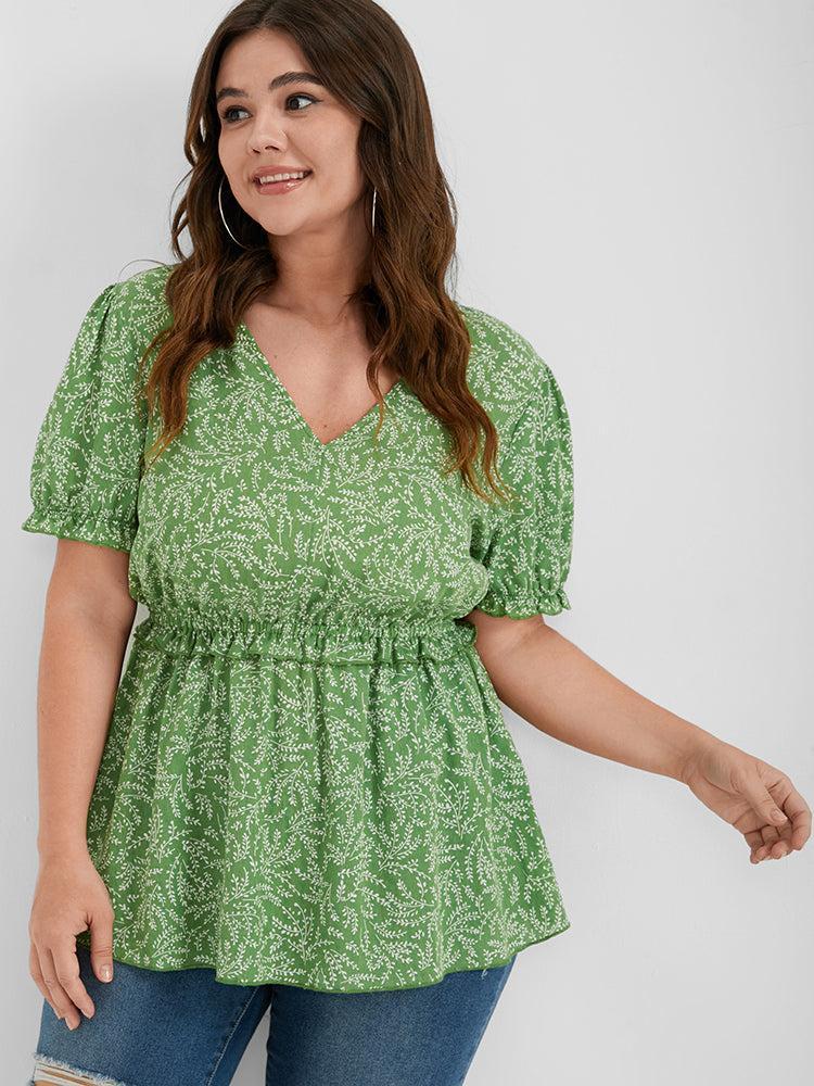 Ditsy Floral Ruffled Trim Puff Sleeve V Neck Blouse Female Product Image