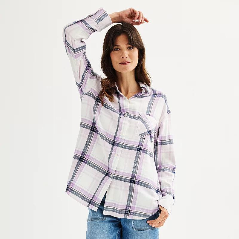 Petite Sonoma Goods For Life® Oversized Boyfriend Flannel, Women's, Size: Large Petite, Dark Purple Plaid Product Image