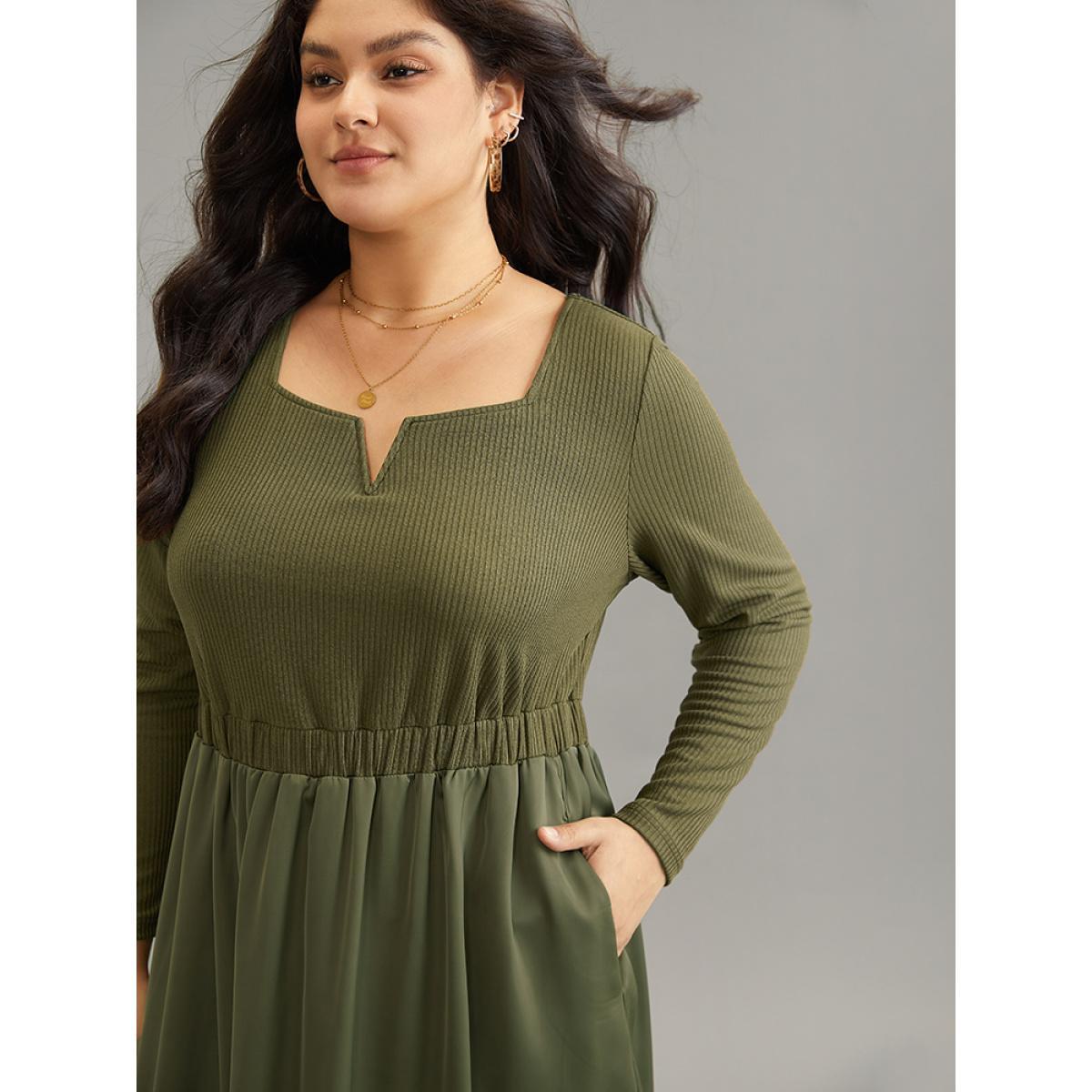 Plus Size Twill Patchwork Elastic Waist Gathered Dress Olive Women Casual Texture Notched collar Long Sleeve Curvy Midi Dress BloomChic 18-20/2X Product Image