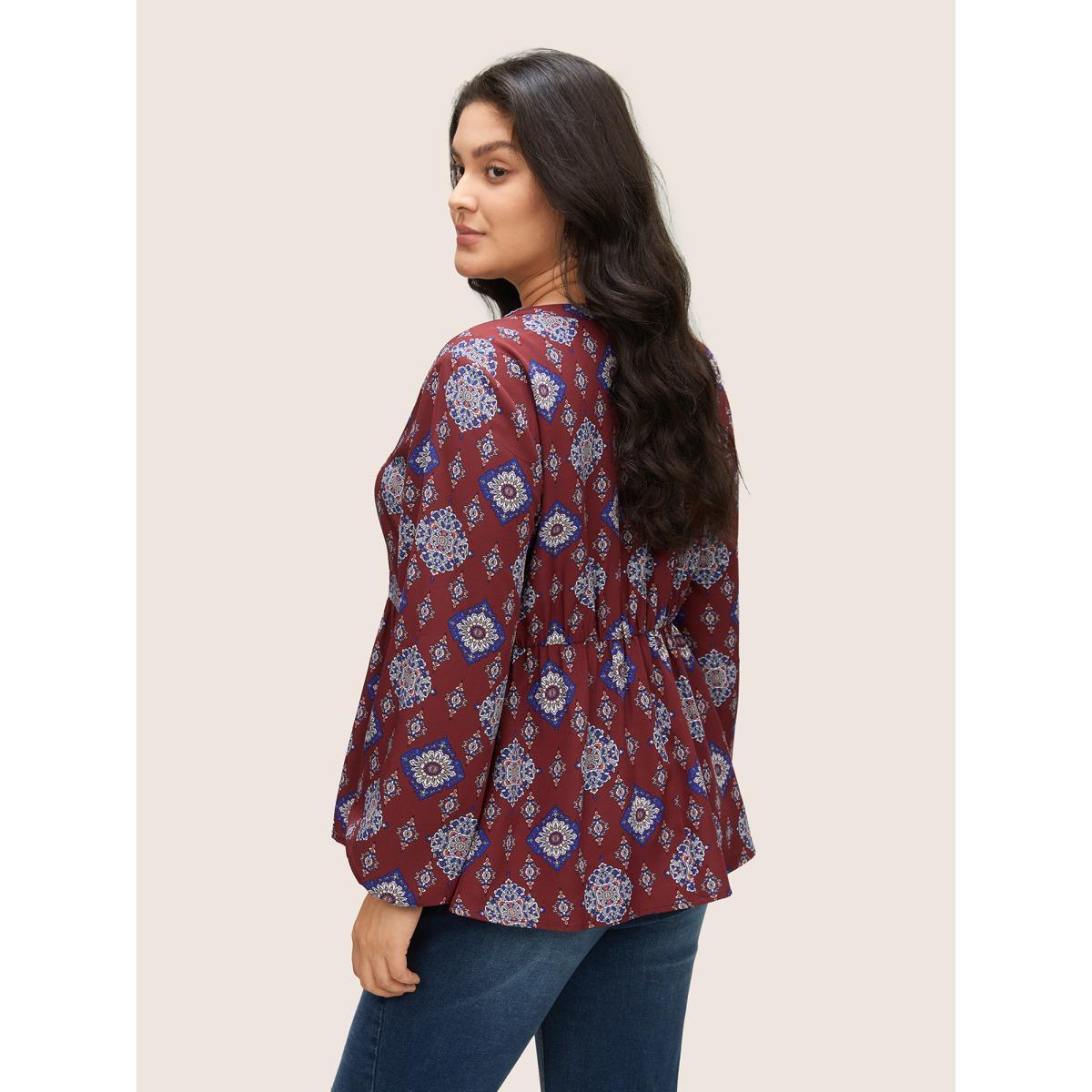 Plus Size Scarlet Boho Print Notched Lantern Sleeve Blouse Women Vacation Long Sleeve Notched collar Vacation Blouses BloomChic 22-24/3X Product Image