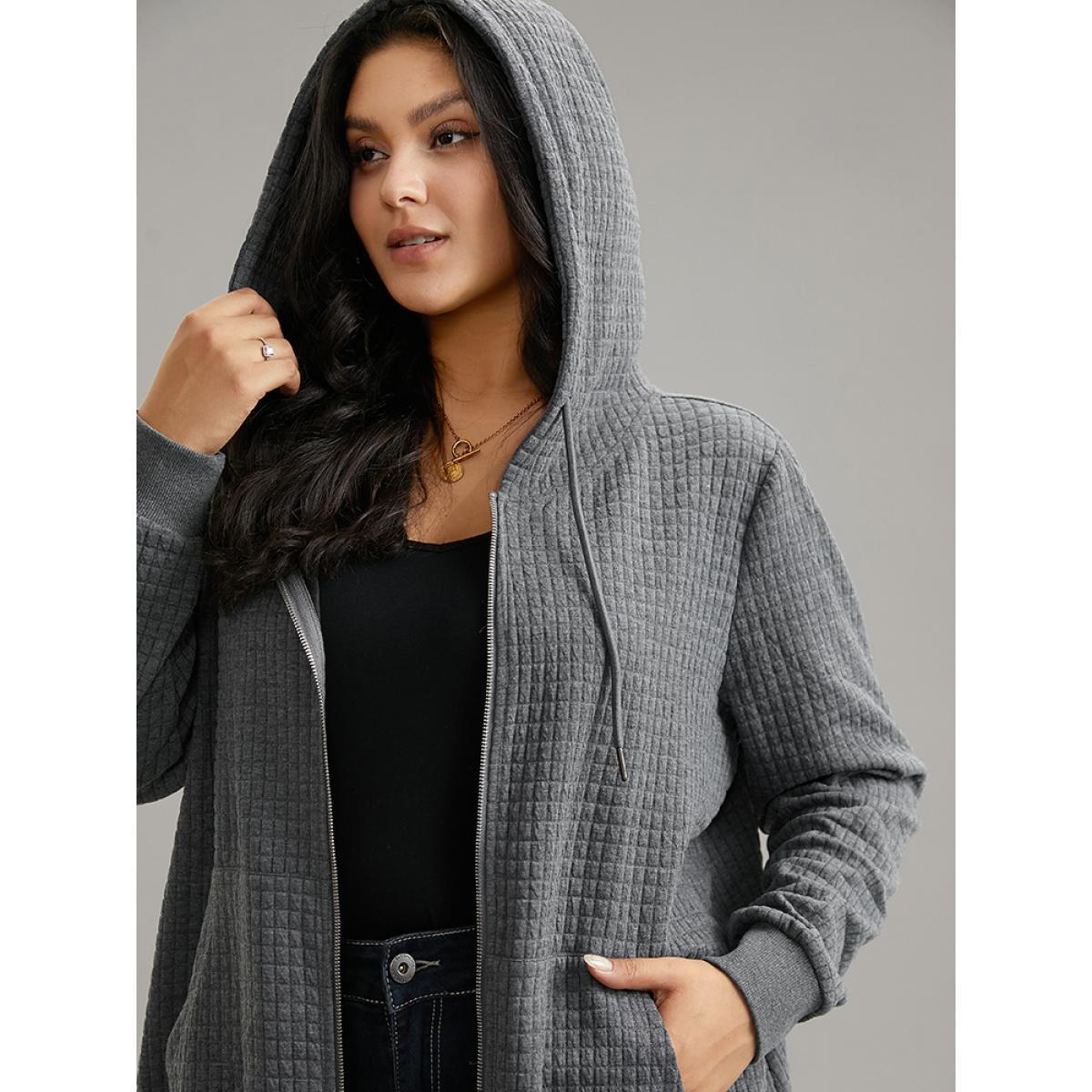 Plus Size Plain Zipper Drawstring Jacquard Jacket Women Gray Plain Pocket Everyday Jackets BloomChic 22-24/3X Product Image