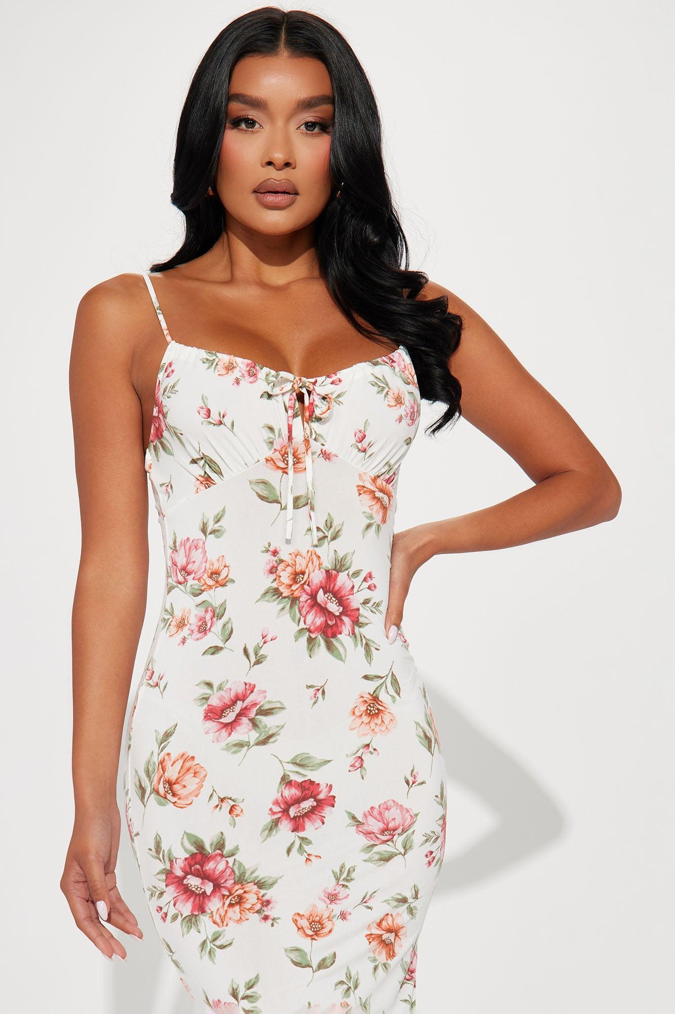 Floral Lace Up Midi Dress - Off White Product Image