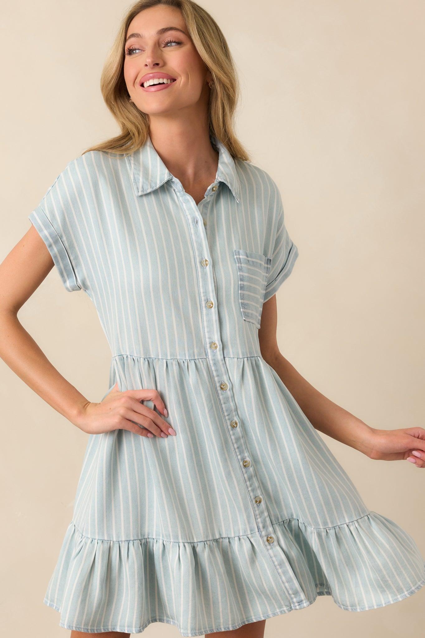 Whispering Waves Chambray Stripe Short Sleeve Mini Dress Product Image