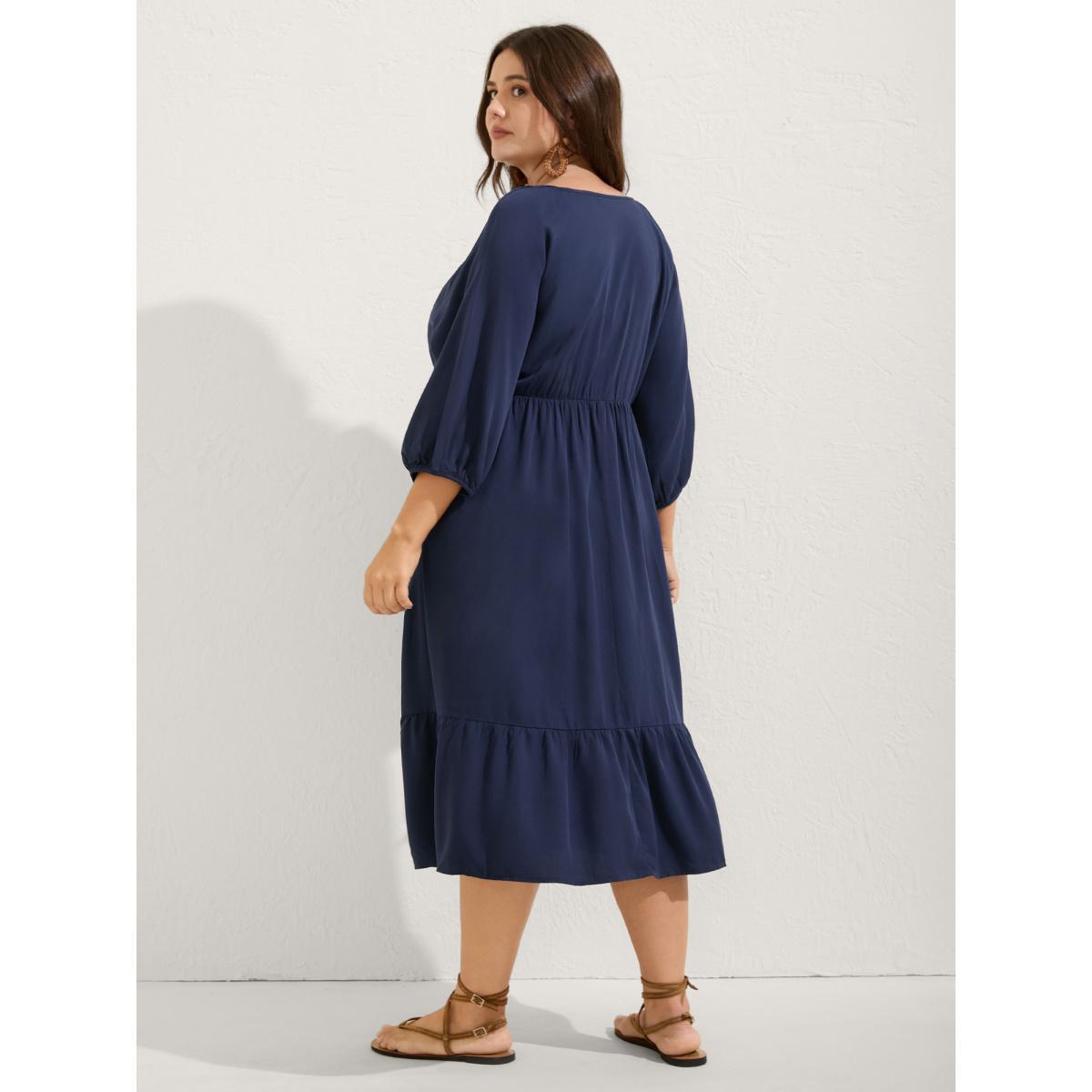 Plus Size Floral Embroidery Pockets Midi Dress DarkBlue Women Notched collar Elbow-length sleeve Curvy BloomChic 12/L Product Image