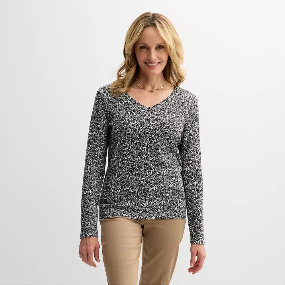 Petite Croft & Barrow® Essential Long-Sleeve V-Neck Top, Women's, Size: Large Petite, Black Tiny Floral Product Image