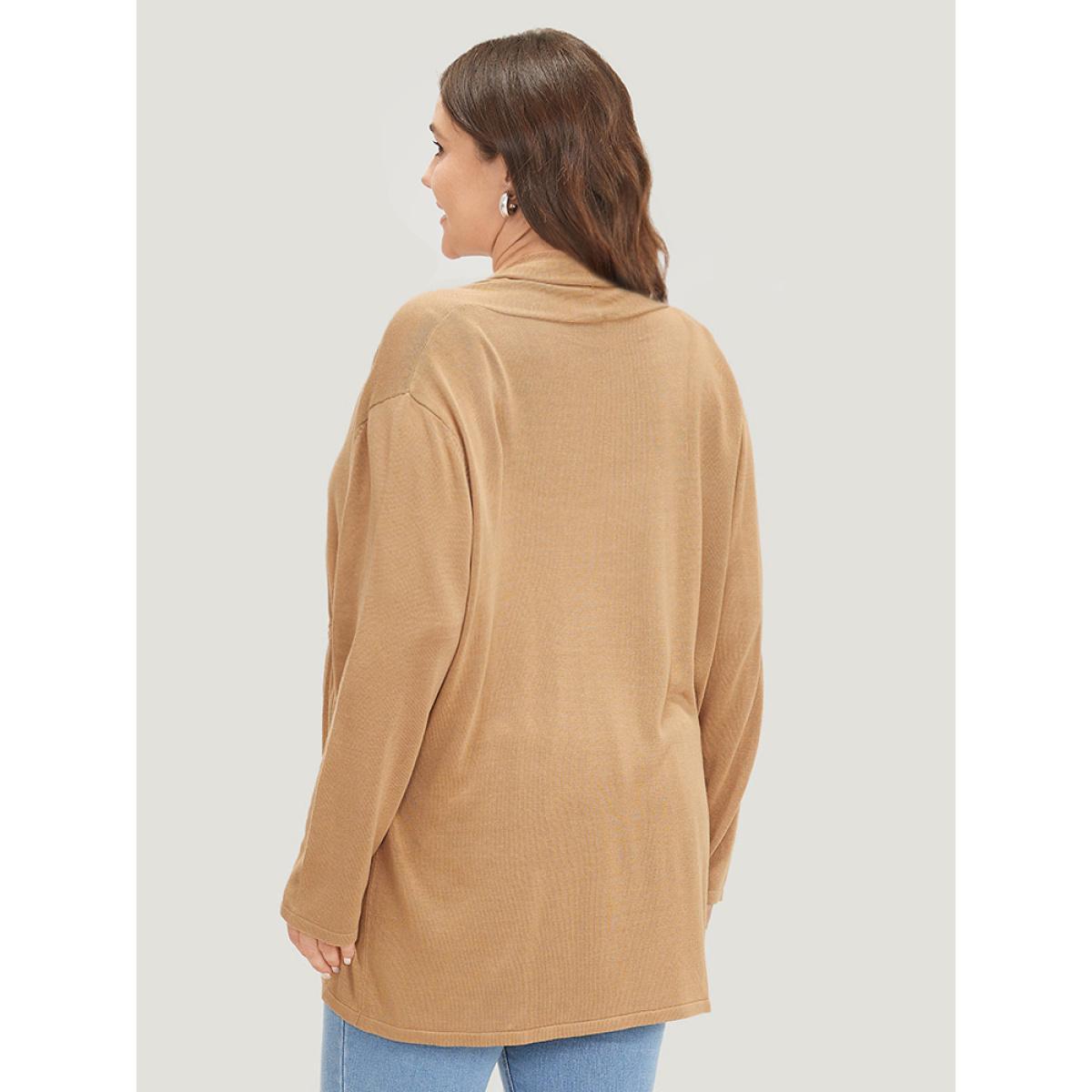 Plus Size Plain Drawstring Bowknot Front Drop Shoulder Cardigan Tan Women Casual Loose Long Sleeve Everyday Cardigans BloomChic 18-20/2X Product Image