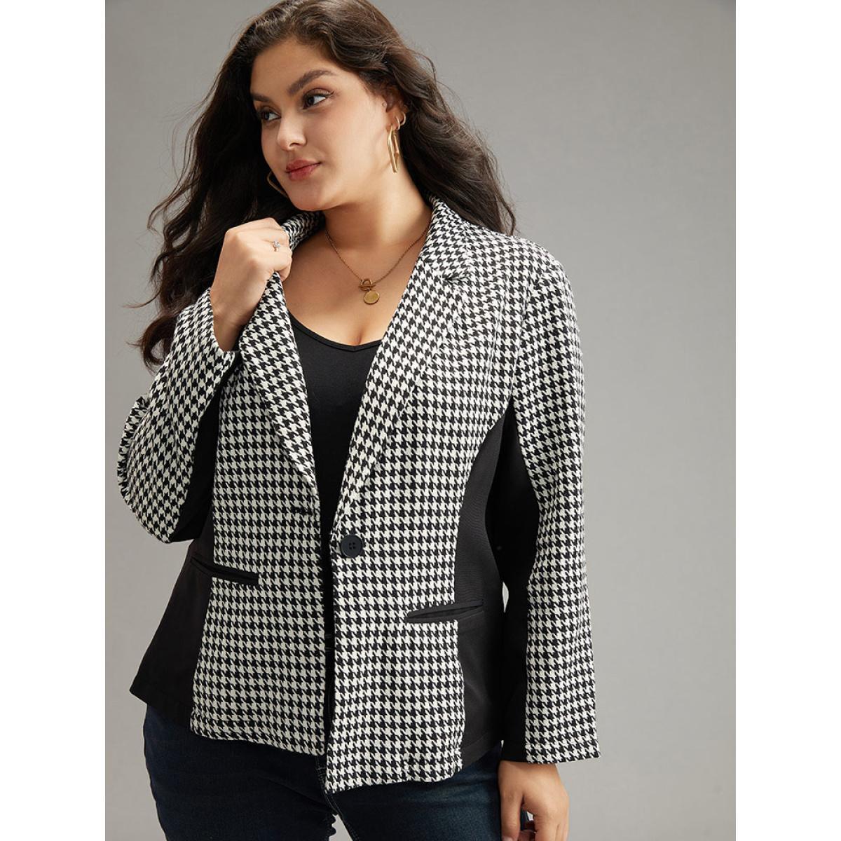 Plus Size Houndstooth Patchwork Button Up Pocket Blazer Black Women Work Houndstooth Contrast Sleeve Long Sleeve Suit Collar 26/4X Pocket At the Office Blazers BloomChic Product Image