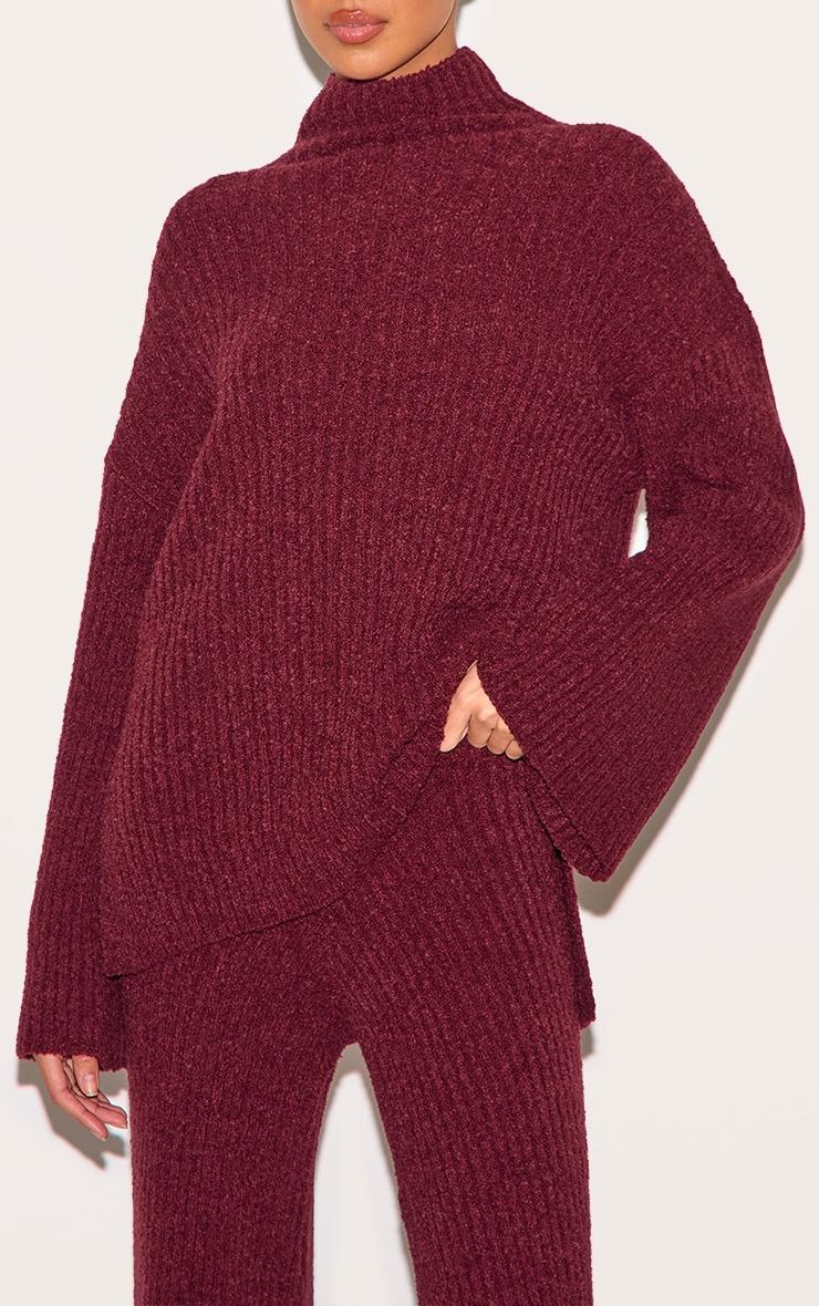 Burgundy Rib Boucle Knit Wide Leg Pants Product Image