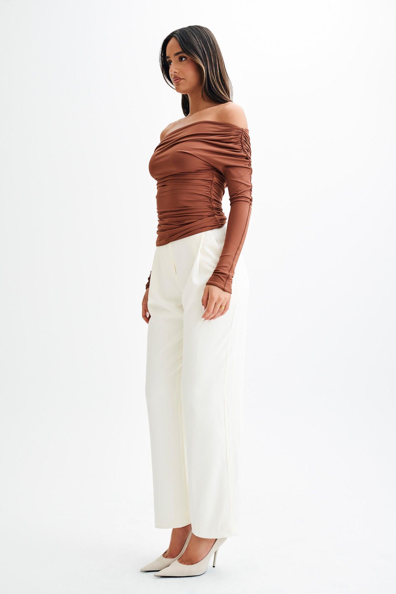 Alayna Long Sleeve Recycled Nylon Ruched Top - Wood Product Image