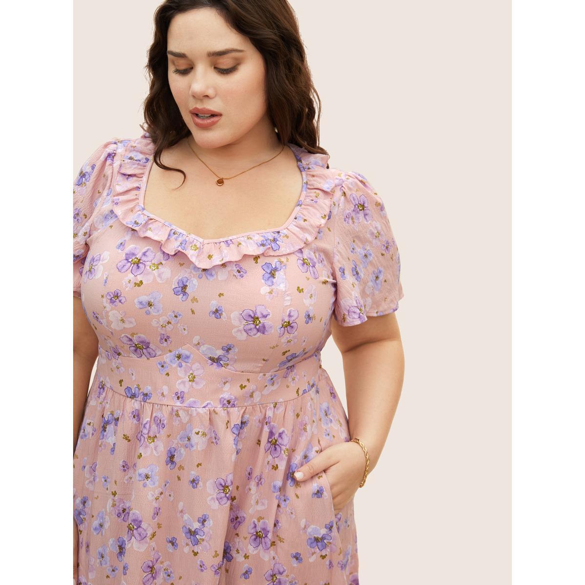 Plus Size Floral Shirred Elastic Waist Frill Trim Midi Dress Crepe Women Elegant Frill Trim Square Neck Short sleeve Curvy BloomChic 18-20/2X Product Image
