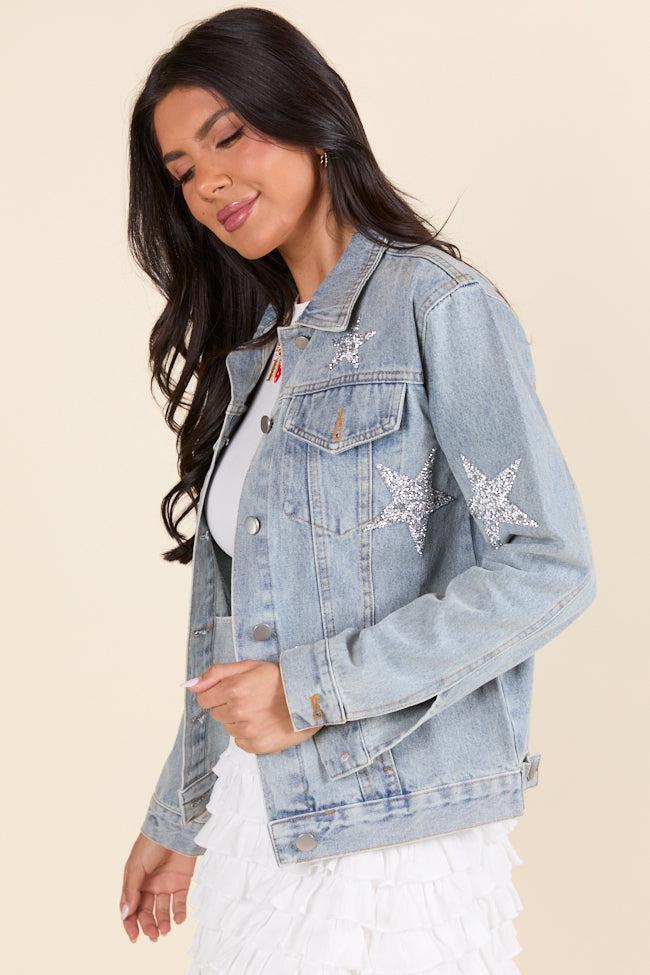 Brightest Night Light Wash Embellished Star Denim Jacket SALE Product Image