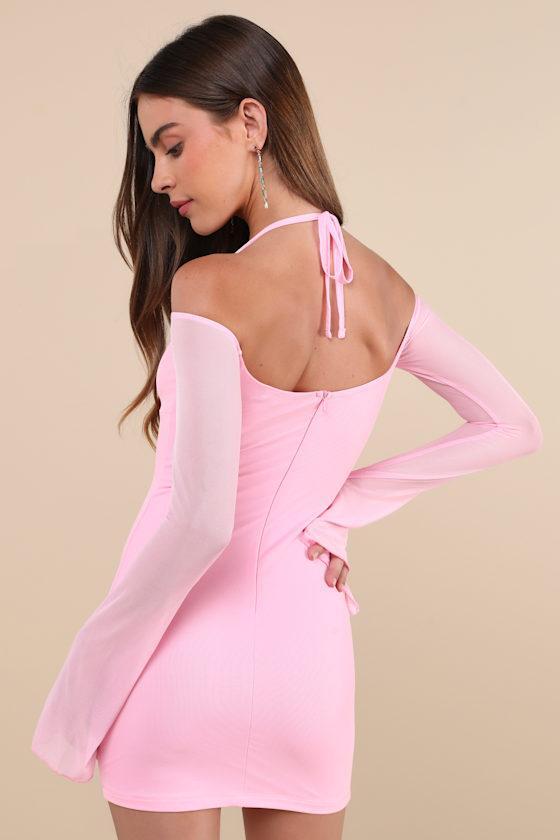 Flirty Silhouette Light Pink Mesh Long Sleeve Halter Mini Dress Product Image