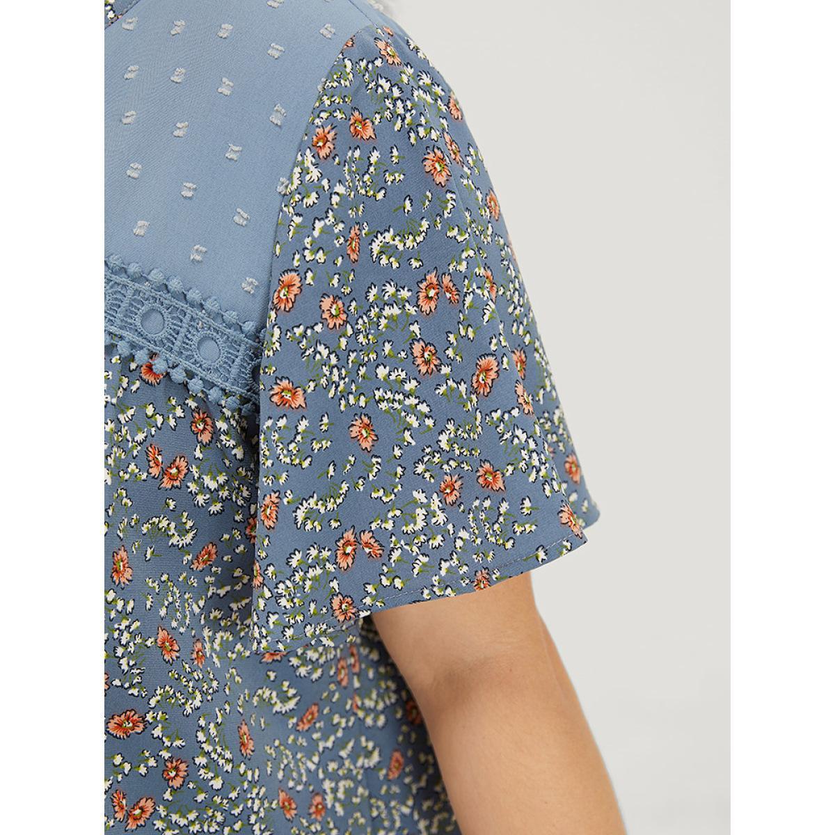 Plus Size Stone Ditsy Floral & Polka Dot Lace Notched Neck Blouse Women Elegant Short sleeve Notched collar Dailywear Blouses BloomChic 26/4X Product Image