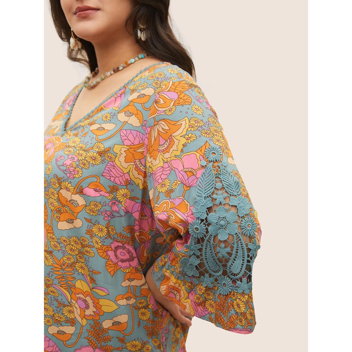 Plus Size Stone Boho Print Guipure Lace Ruffles Blouse Women Resort Elbow-length sleeve V-neck Vacation Blouses BloomChic 26/4X Product Image