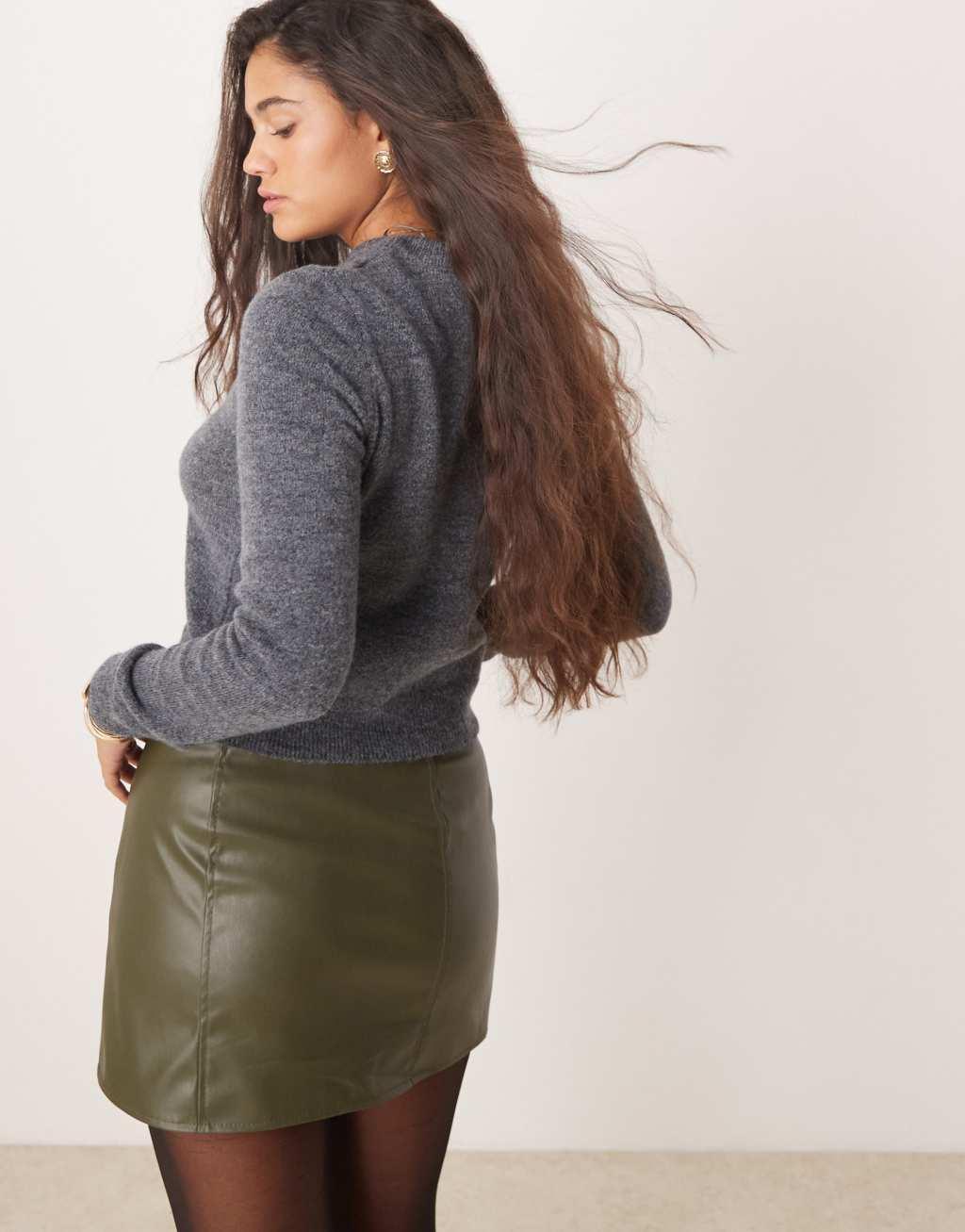 Miss Selfridge PU mini skirt in khaki Product Image