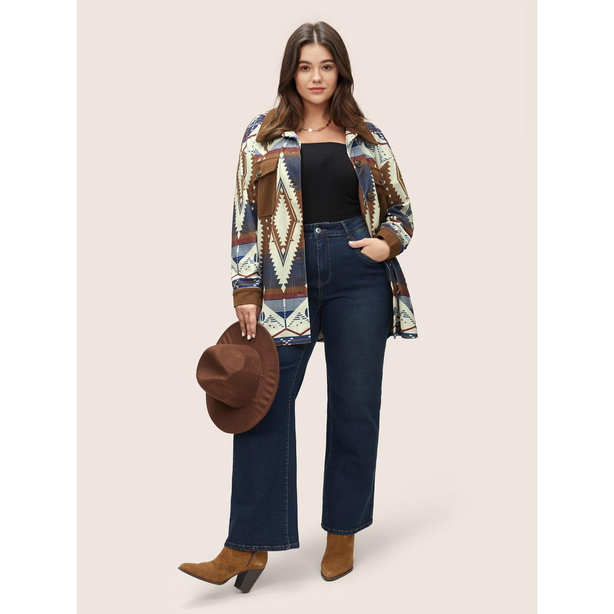 Plus Size Geometric Patchwork Corduroy Patched Pocket Jacket Women DarkBrown Lined Pocket Everyday Jackets BloomChic 18-20/2X Product Image
