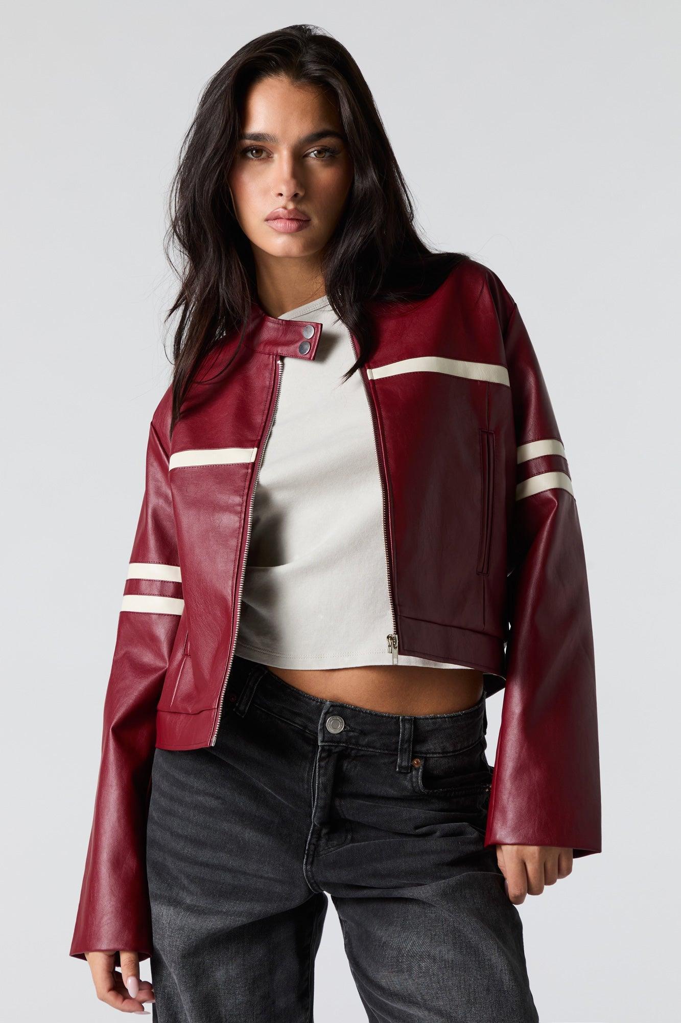 Faux Leather Contrast Striped Moto Jacket Female Product Image