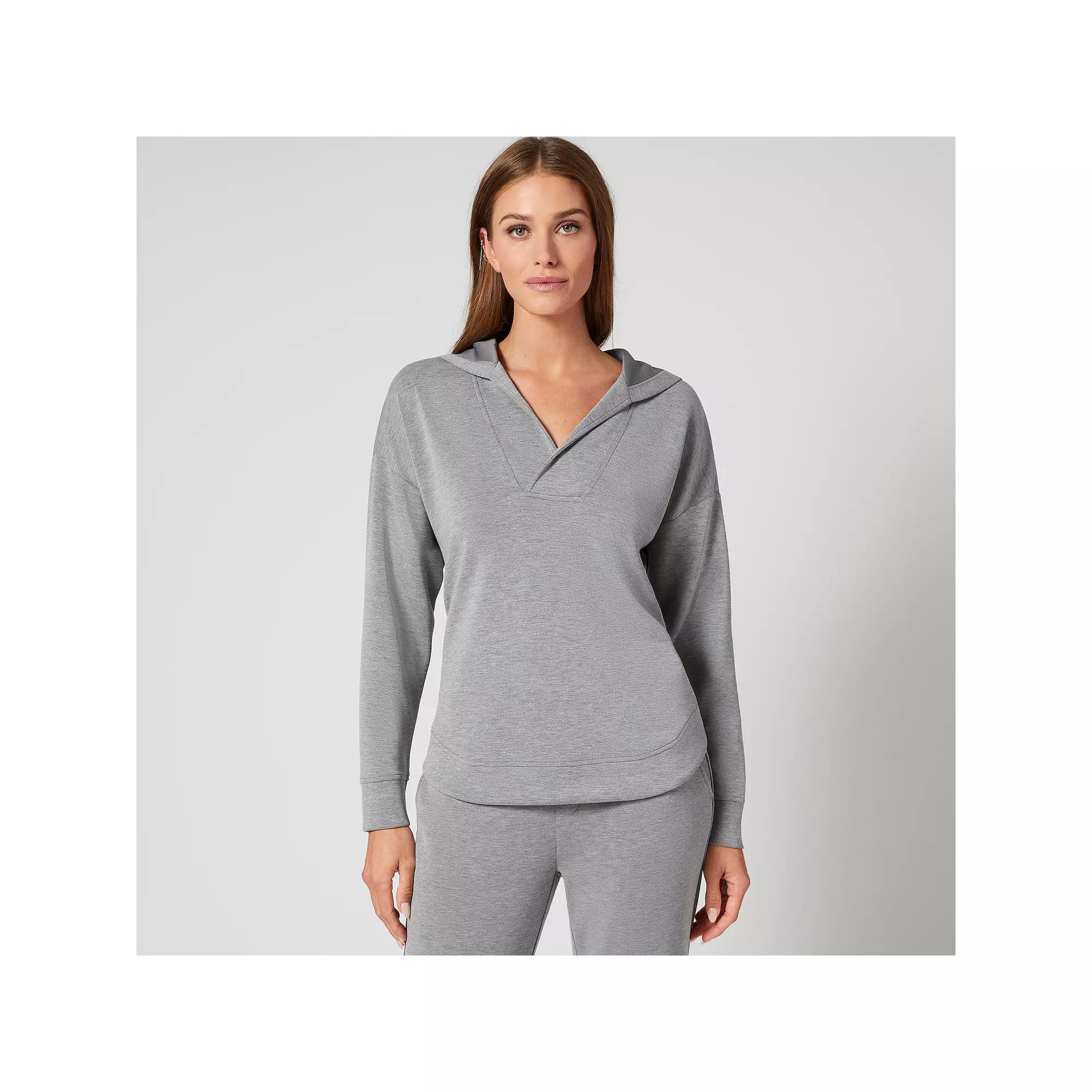 Womens Grey & Gray Curved Hem V-Neck Hoodie, Women's, Size: XS, Grey Grey Product Image