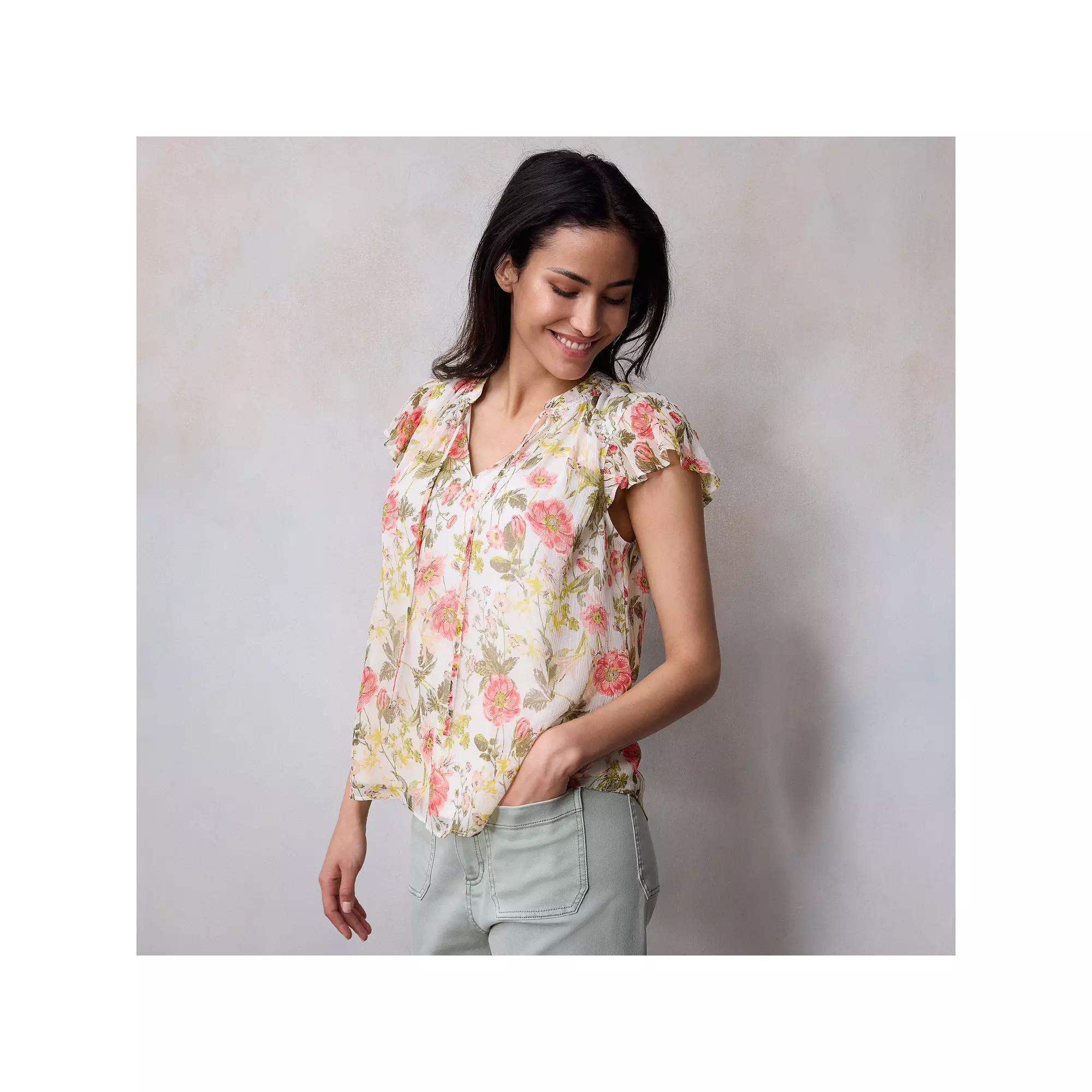 Petite LC Lauren Conrad Tie-Front Ruffle V-Neck Shell, Womens Product Image
