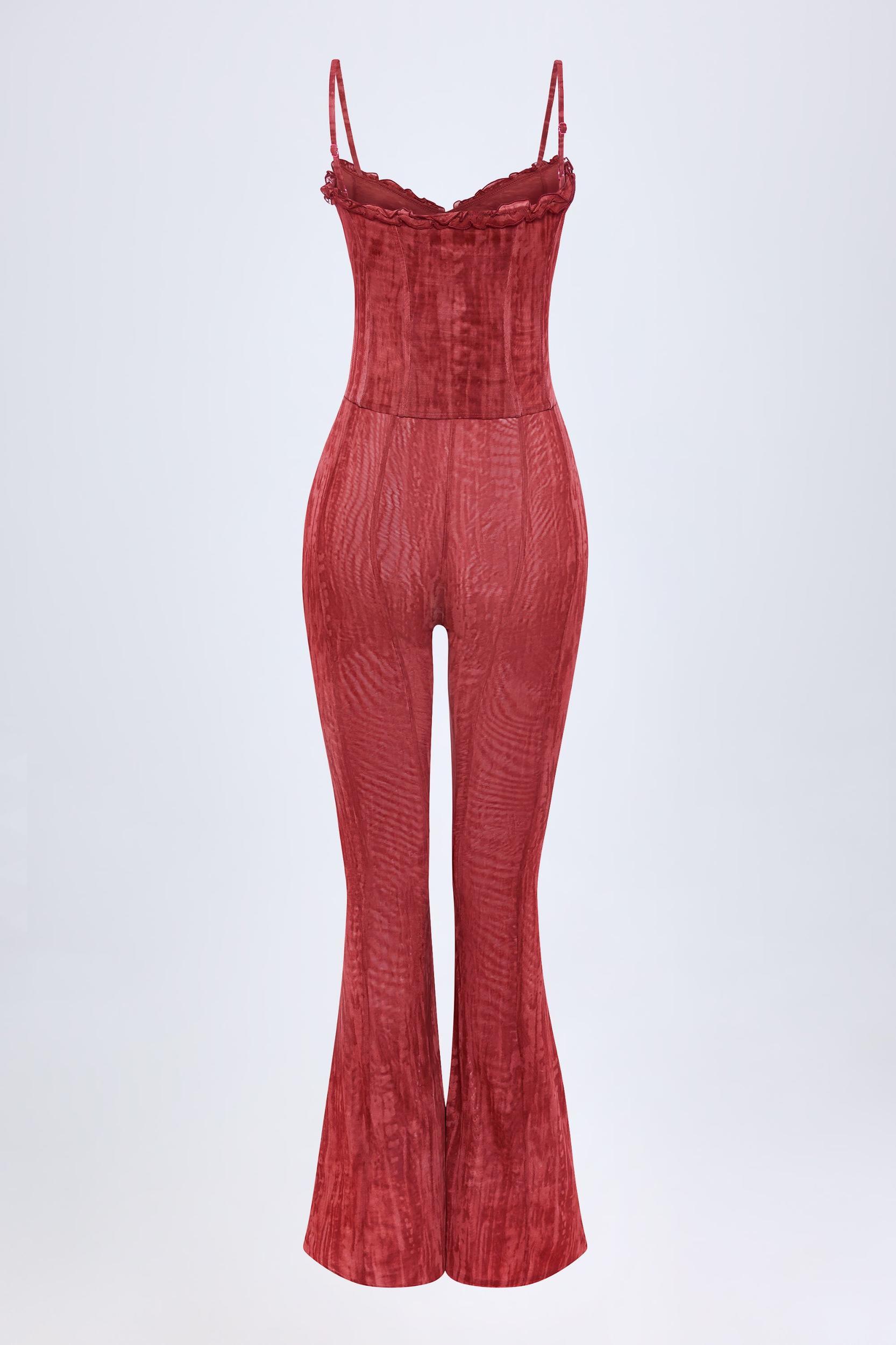 Ruffled Mid-Rise Flared Trousers in Red Print Product Image