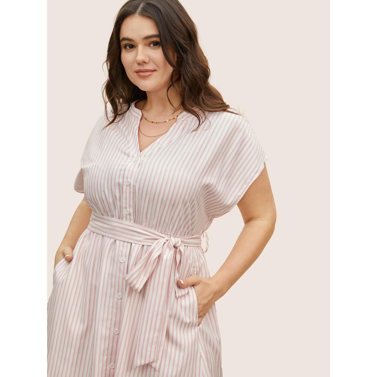 Plus Size Striped Button Up Dolman Sleeve Dress Crepe Women At the Office Belted Flat collar with V-notch Cap Sleeve Curvy BloomChic 14-16/1X Product Image