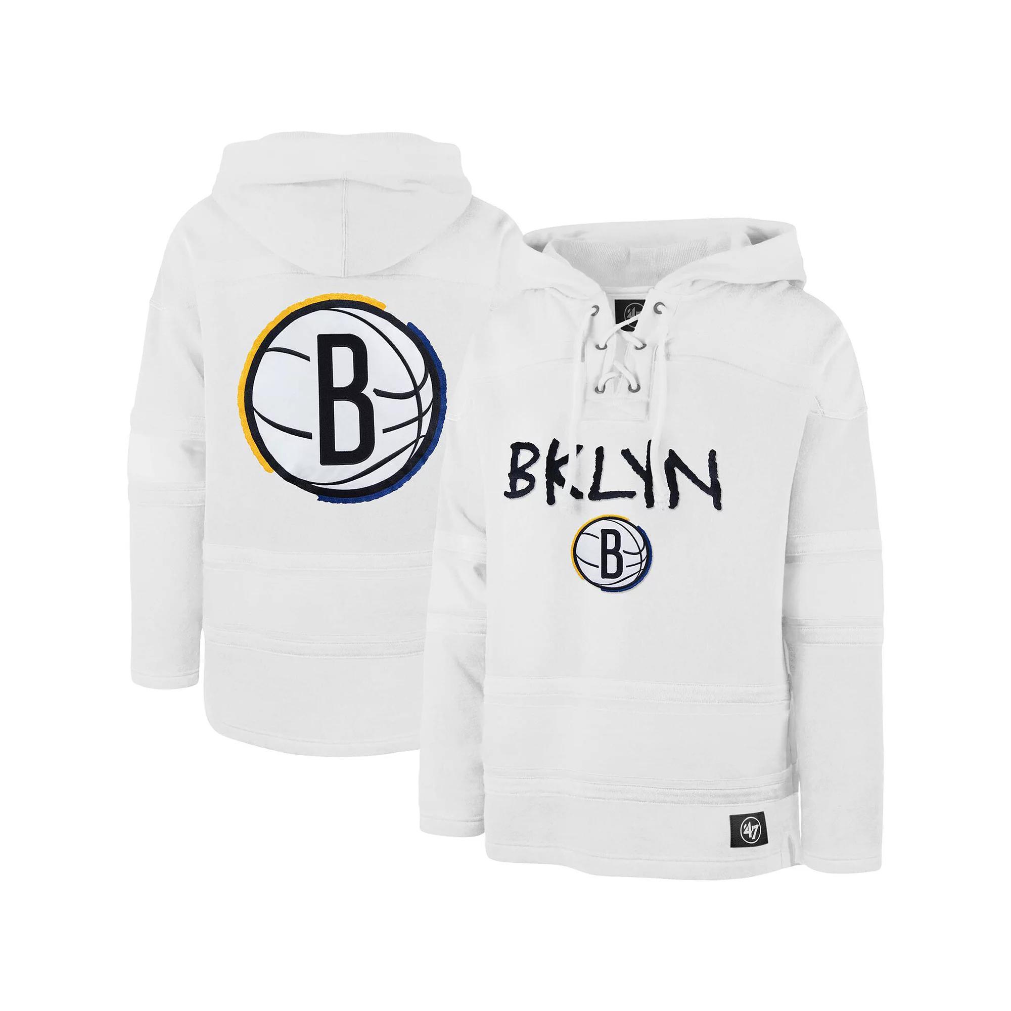 Men's '47 White Brooklyn Nets 2022/23 Pregame MVP Lacer Pullover Hoodie - City Edition, Size: Large Product Image