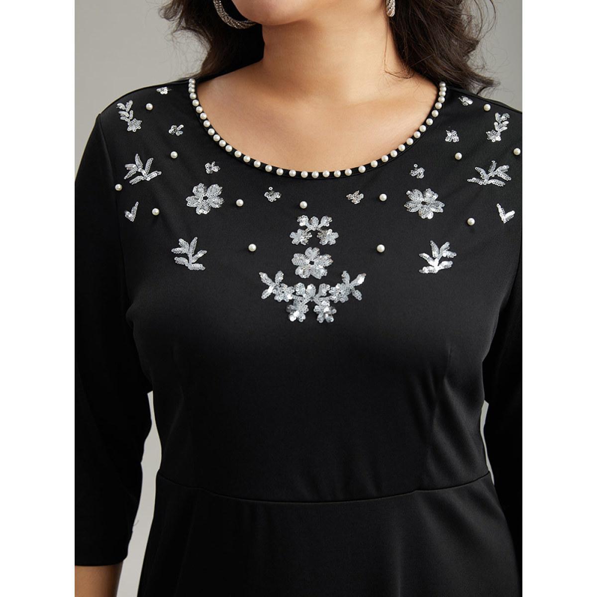 Plus Size Round Neck Sequin Pearl Beaded Dress Black Women Glamour Beaded Round Neck Elbow-length sleeve Curvy Midi Dress BloomChic 10/M Product Image