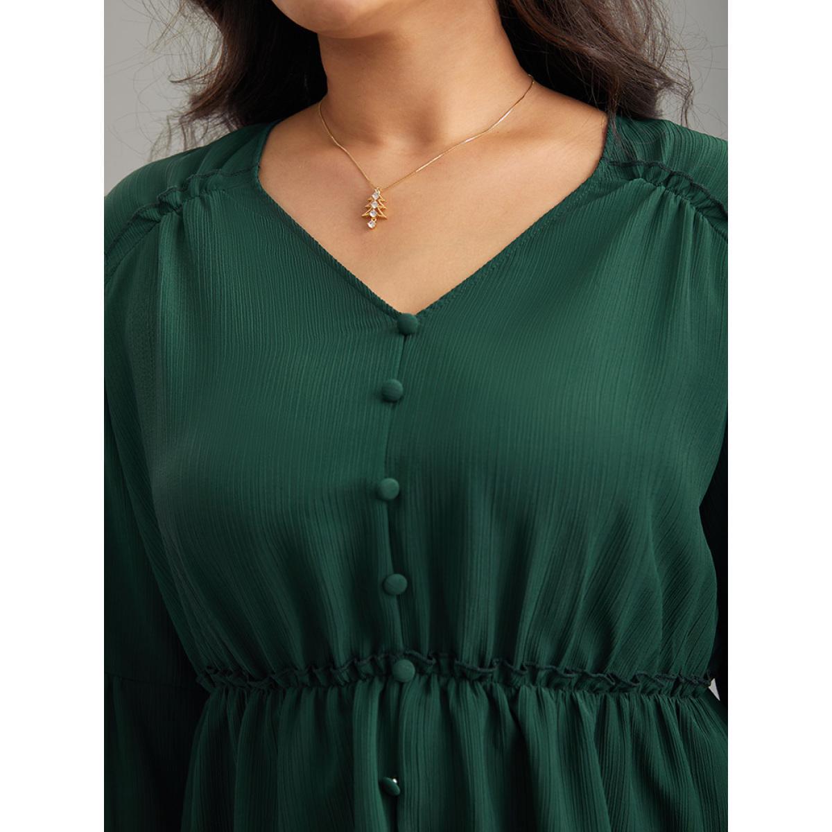 Plus Size DarkGreen Plisse Button Detail Elastic Waist Blouse Women Work From Home Elbow-length sleeve V-neck Work Blouses BloomChic 18-20/2X Product Image