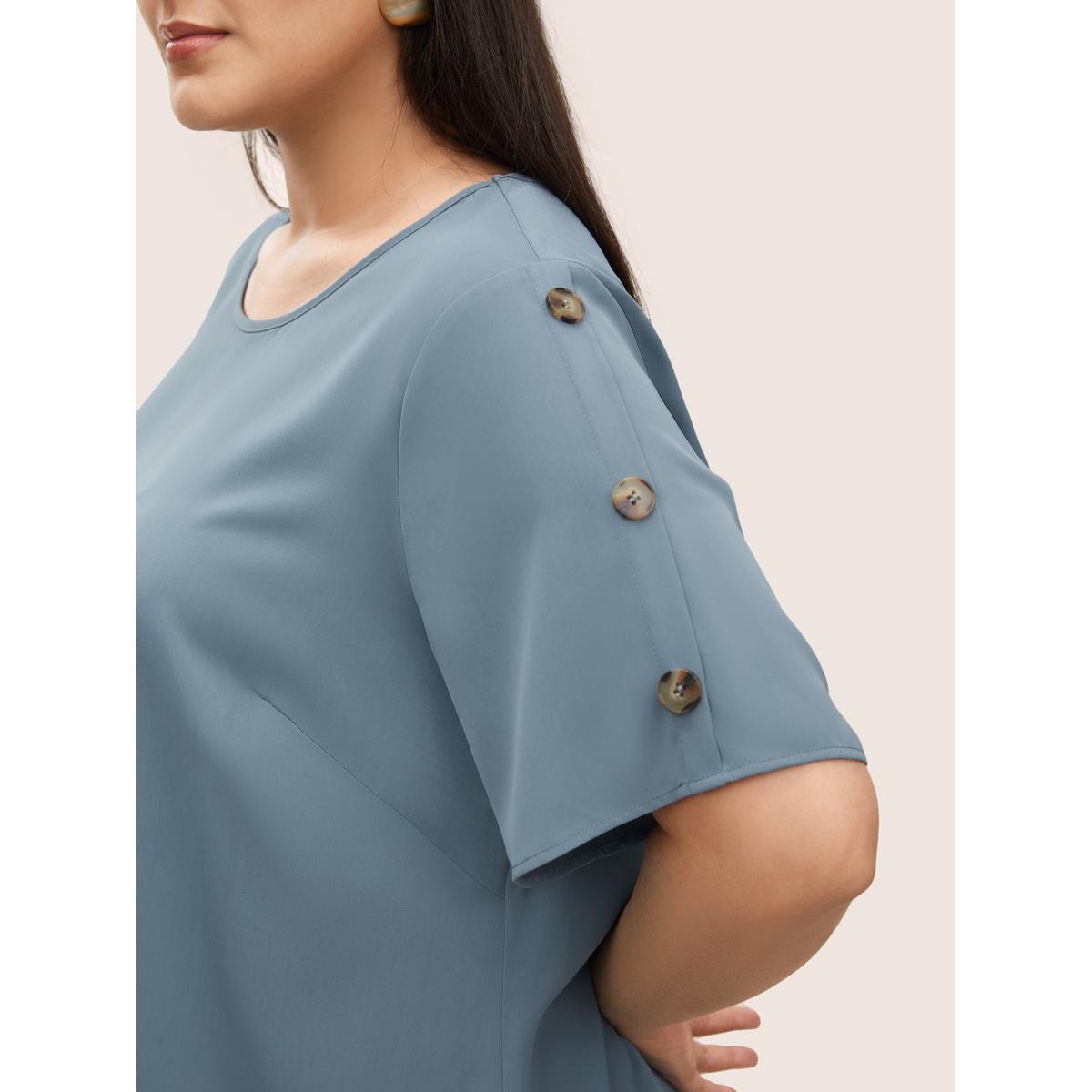 Plus Size Stone Plain Round Neck Button Detail Blouse Women Casual Short sleeve Round Neck Everyday Blouses BloomChic 30/6X Product Image