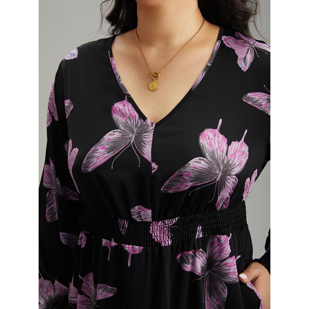Plus Size Butterfly Print Pocket Shirred Cuffs Dress Black Women Elegant Printed V-neck Long Sleeve Curvy Midi Dress BloomChic 12/L Product Image