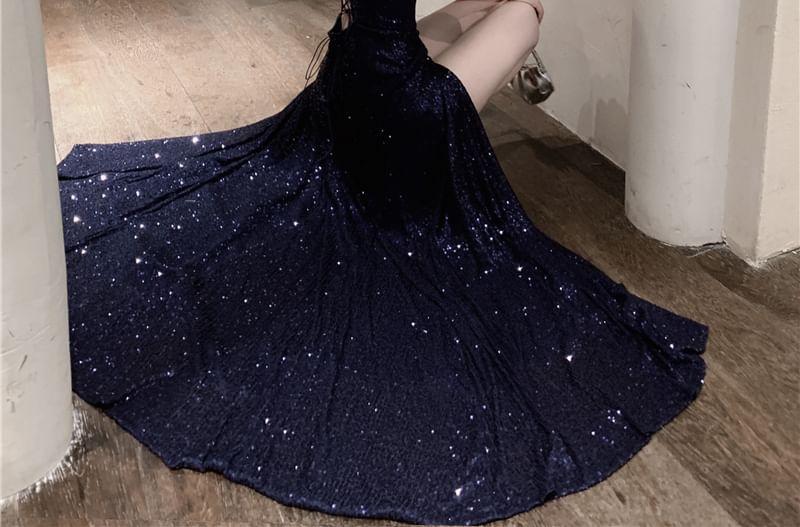 Spaghetti Strap V-Neck Glitter Maxi A-Line Dress Product Image