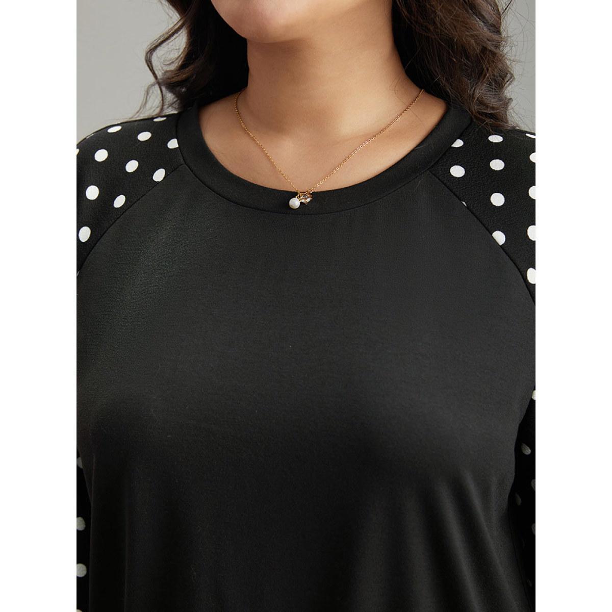 Plus Size Polka Dot Patchwork Raglan Sleeve Sweatshirt Women Black Casual Elastic cuffs Round Neck Everyday Sweatshirts BloomChic 18-20/2X Product Image