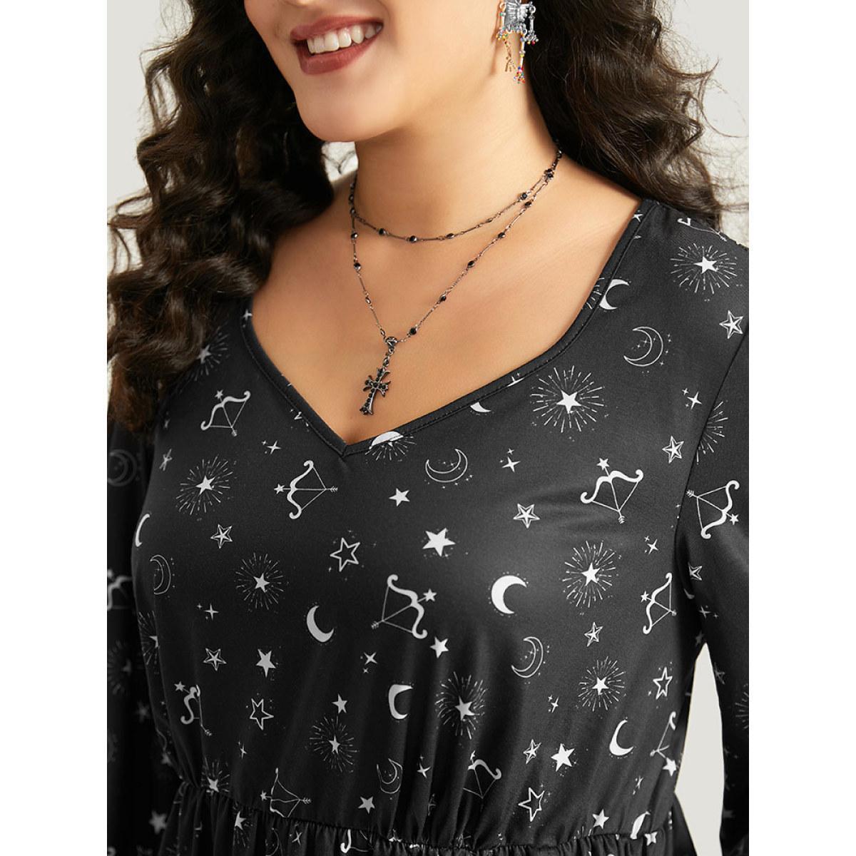 Plus Size Halloween Moon & Star Print Elastic Waist Lantern Sleeve Dress Black Women Casual Elastic cuffs Square Neck Long Sleeve Curvy Midi Dress BloomChic 18-20/2X Product Image