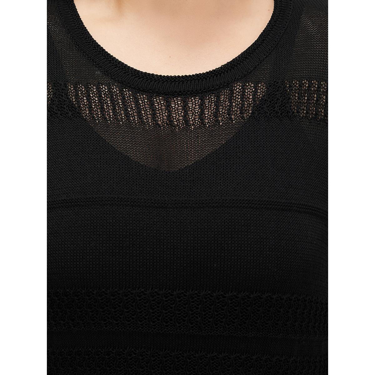 Plus Size Plain Geometric Eyelet Patchwork Batwing Sleeve Pullover Black Women Casual Loose Short sleeve Round Neck Dailywear Pullovers BloomChic 14-16/1X Product Image