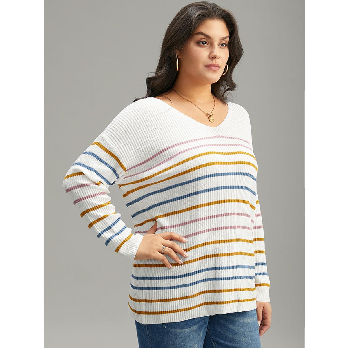 Plus Size Colour Striped V Neck Back Cut Out Pullover Multicolor Women Casual Loose Long Sleeve V-neck Dailywear Pullovers BloomChic 30/6X Product Image
