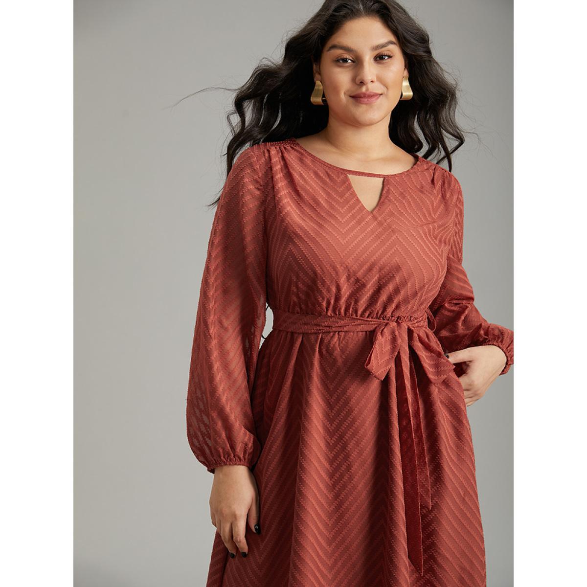 Plus Size Plain Mesh Texture Keyhole Belted Lantern Sleeve Dress Rust Women Office Elastic cuffs Keyhole Cut-Out Long Sleeve Curvy Midi Dress BloomChic 14-16/1X Product Image