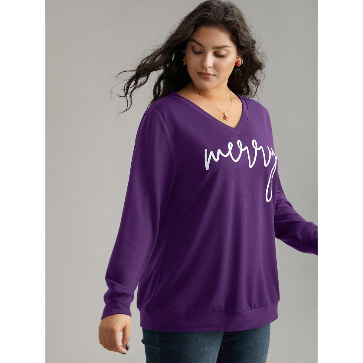 Plus Size Season's Greetings Printed V-Neck Sweatshirt Women Eggplant Casual Printed V-neck Festival-Christmas Sweatshirts BloomChic 12/L Product Image