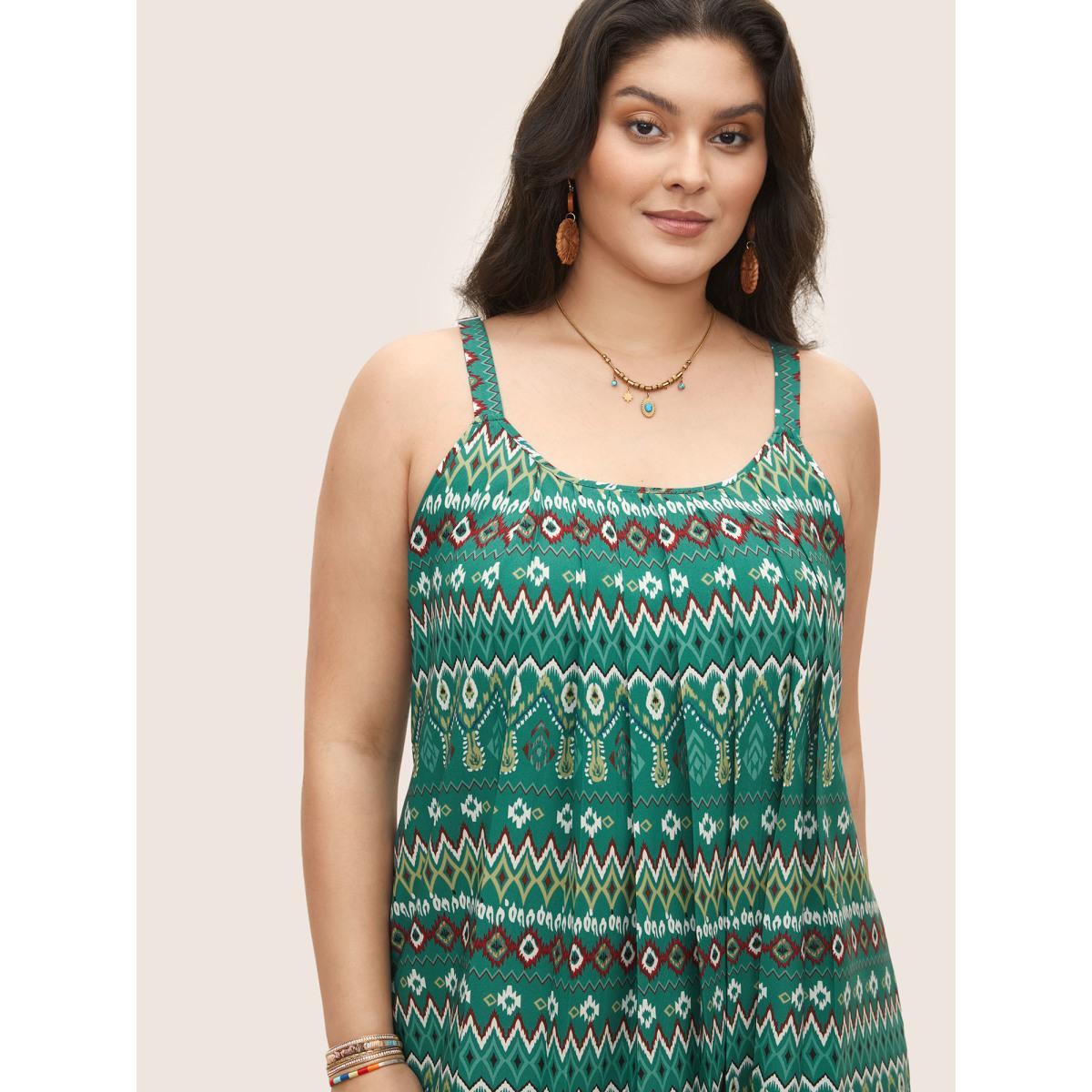 Plus Size Bandana Geometric Pleated Cami Dress Emerald Women Resort Pleated Non Sleeveless Curvy Midi Dress BloomChic 12/L Product Image